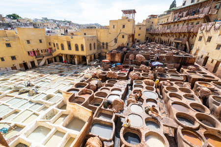 Fez, Morocco. November 9, 2019.  a panoramic view the Chouara Tannery of the leatherのeditorial素材