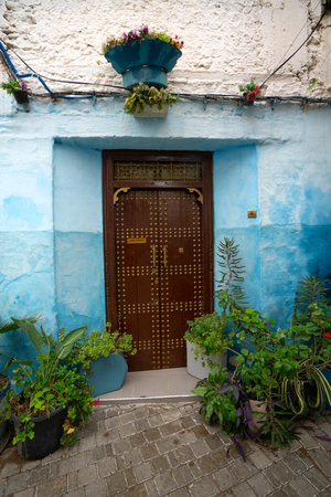 Fez, Morocco. November 9, 2019.  detail of the wooden entrance doors of the old houses in the Jewish quarter finely decoratedのeditorial素材
