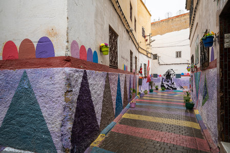 Fez, Morocco. November 9, 2019.  the colored walls of old houses in the old Jewish quarterのeditorial素材