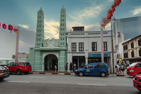 Singapore. January 2020. External view of Masjid Jamae (Chulia) mosque at sunset