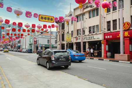 Singapore. January 2020. the decorations for the Chinese New Year on the streets in Chinatown