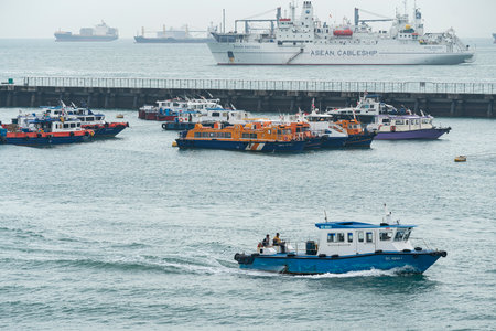 Singapore. January 2020.   ships at anchor in front of the port of Singaporeのeditorial素材