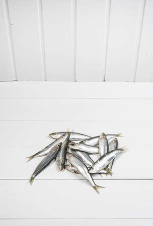 some sardines arranged on a white wooden table