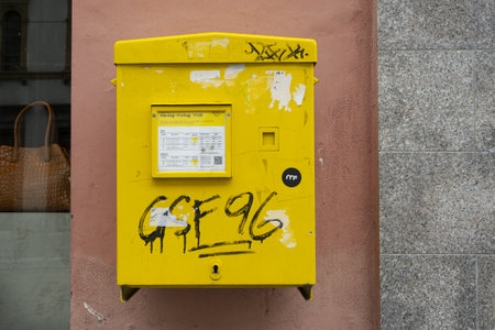 Graz, Austria, August 2020. Austrian post box in the street of the city centerのeditorial素材