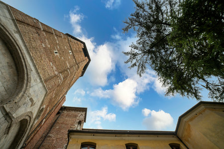 Udine, Italy. February 2 2021. bottom view of the bell tower of the Udine Cathedralのeditorial素材