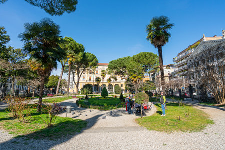 Udine, Italy. March 3, 2021. A panoramic view of Giacomo Matteotti square in the city centerのeditorial素材