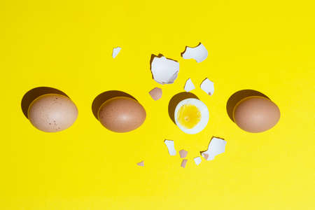 a row of hard-boiled eggs on a yellow surfaceの写真素材