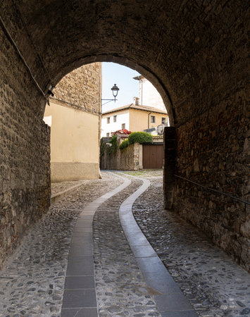 Cividale del Friuli, Italy. May 5, 2021. view of a porch between the ancient houses in the town centerのeditorial素材