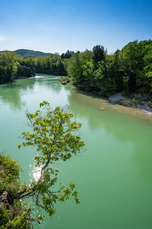 Cividale del Friuli, Italy. May 5, 2021. panoramic view of the Natisone river in the town centerのeditorial素材