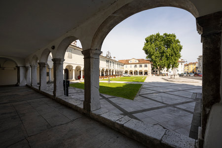 Gorizia, Italy. May 21, 2021. the arched porch of the ancient Lantieri palace in the historic center of the cityのeditorial素材