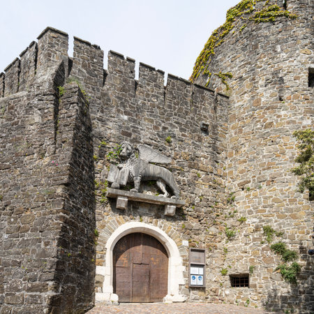 Gorizia, Italy. May 21, 2021. view of the venetian lion above the entrance gate of the city castleのeditorial素材