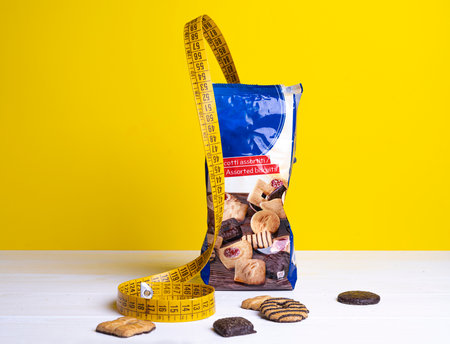 a tape measure between some cookies on a colored surface.の写真素材