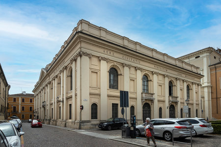 Mantua, Italy. July 13, 2021. view of the Bibiena Scientific Theater facade in the city center