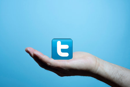 Udine, Italy. July 30, 2021. Twitter symbol in the palm of a man's hand with a blue background