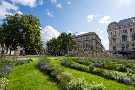Riga, Latvia. 22 August 2021. the flower beds in a park in the city centerのeditorial素材