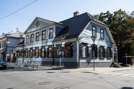 Riga, Latvia. 22 August 2021. the typical colored wooden houses in the city centerのeditorial素材