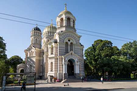 Riga, Latvia. 22 August 2021. Exterior view of the Riga Nativity of Christ Orthodox Cathedral in the city centerのeditorial素材