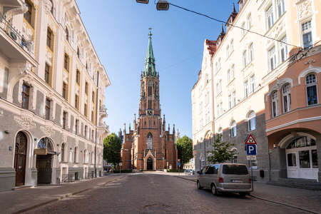Riga, Latvia. August 2021. An outdoor view of the St. Gertrude Old Church in the city centerのeditorial素材