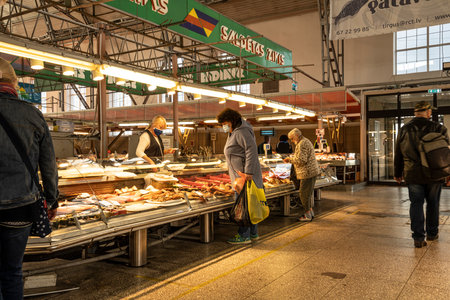 Riga, Latvia. August 2021. Interior view of the sales counters in the central market in the city centerのeditorial素材
