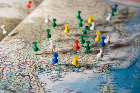 the provincial capitals of China marked with some colored pins in a map