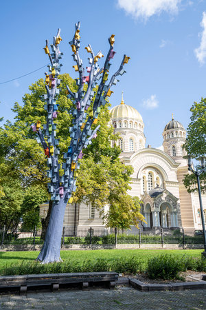 Riga, Latvia. August 2021. a colorful tree with many birdhouses in a city center parのeditorial素材