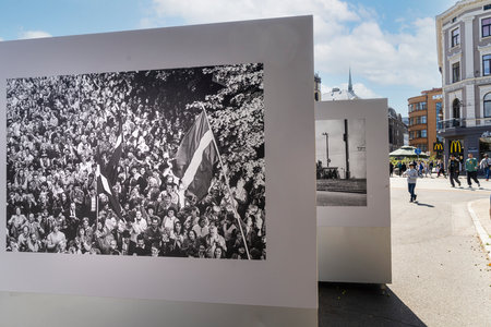 Riga, Latvia. 22 August 2021. the exhibition of images of the liberation of Latvia from the Soviet...