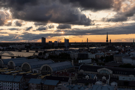 Riga, Latvia. August 2021. panoramic view of the city at sunsetのeditorial素材