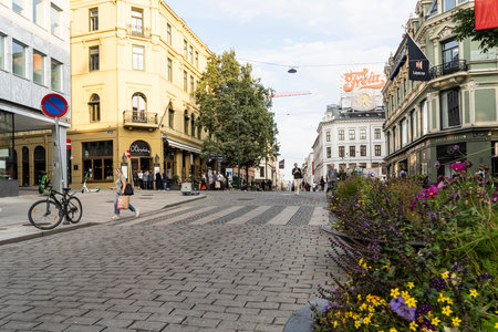 Oslo, Norway. September 2021. view of people strolling in the Karl Johans gate in the city centerのeditorial素材