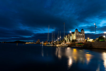 Oslo, Norway. September 2021. night view of the lights and colors in the sea in the city centerのeditorial素材