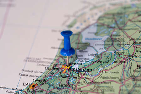 Amsterdam, Netherlands pinned on colorful political map. Geopolitical school atlas.の写真素材