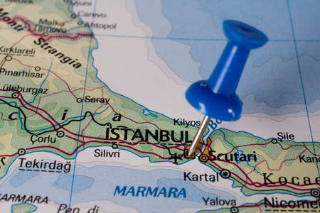 Istanbul, Turkey pinned on colorful political map. Geopolitical school atlas.の写真素材