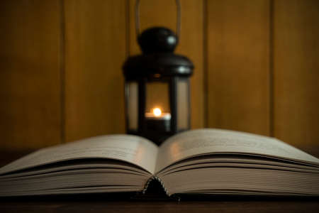 the bible book on a table at Christmas timeの写真素材