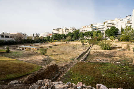 Athens, Greece. November 2021. panoramic view of the archaeological excavations of Aristotle's...