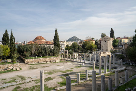 Athens, Greece. November 2021. A vie of the roman Agora, built by the Romans between 19 and 11 BC. with columns and octagonal towerのeditorial素材