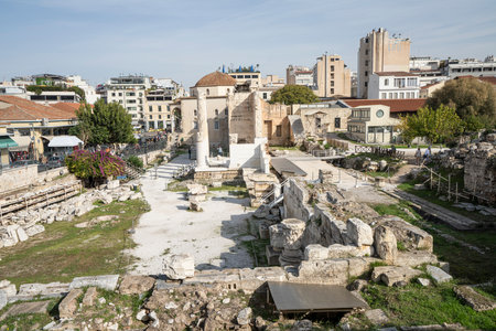 Athens, Greece. November 2021. A vie of the roman Agora, built by the Romans between 19 and 11 BC. with columns and octagonal towerのeditorial素材