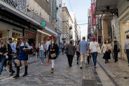 Athens, Greece. November 2021. people strolling in the central Ermou street for shoppingのeditorial素材