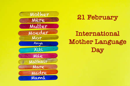 Some colored slats with the word Mother written in different languages