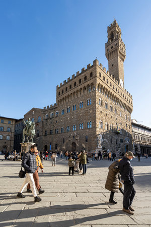 view of the Palazzo Vecchio in Piazza della Signoria in the city centerのeditorial素材