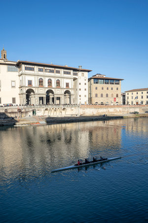 Florence, Italy. January 2022. panoramic view of the Uffizi palace in the Lungarno and in the city centerのeditorial素材