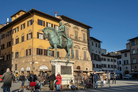Florence, Italy. January 2022. the Equestrian statue of Cosimo I de 'Medici in the Piazza della Signoria in the city centerのeditorial素材