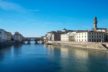 Florence, Italy. January 2022. Panoramic view of the old bridge over the Arno river in the city centerのeditorial素材
