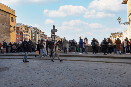 Florence, Italy. January 2022. A crowd of tourists on the old bridge in the city centerのeditorial素材