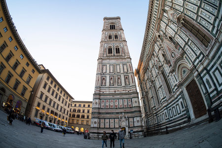 Florence, Italy. January 2022. fisheye view of the cathedral of Santa Maria del Fiore and the Giotto's bell tower in the historic center of the cityのeditorial素材