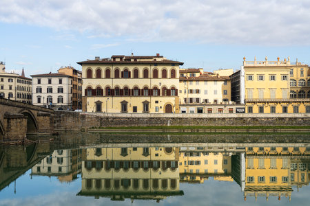 Florence, Italy. January 2022. view of the buildings that flank the banks of the Arno river in the city centerのeditorial素材