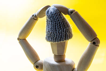 a small wooden mannequin with a woolen capの写真素材