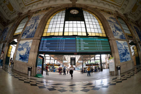 Porto, Portugal. March 2022. view of the hall decorated with painted tiles in the Sao Bento train...
