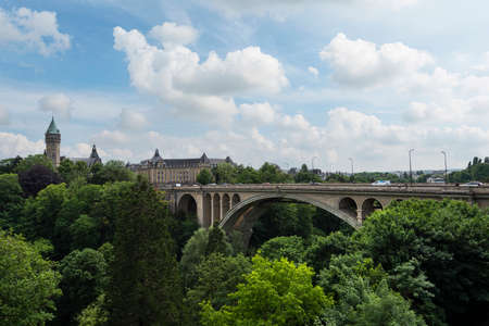 Luxembourg city, May 2022. Panoramic view of the Adolphe bridge in the city centerのeditorial素材