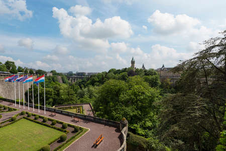 Luxembourg city, May 2022. the flags flying over the PÃ©trusse casemates in the city centerのeditorial素材