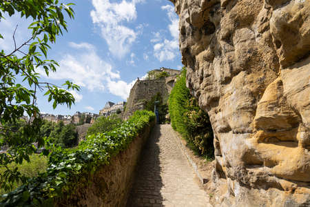Luxembourg city, May 2022. the path down to the Grund Quarter in the city centerのeditorial素材