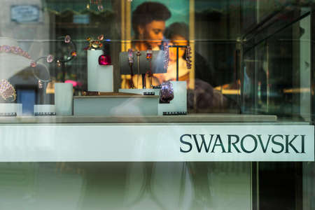 Luxembourg city, May 2022. The sign outdoor of the Swarovski brand shop in the city centerのeditorial素材
